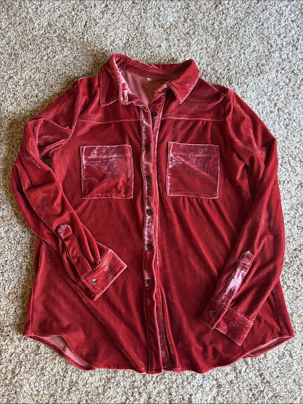 Velvet Button-Up Shirt Jacket - Deep Red